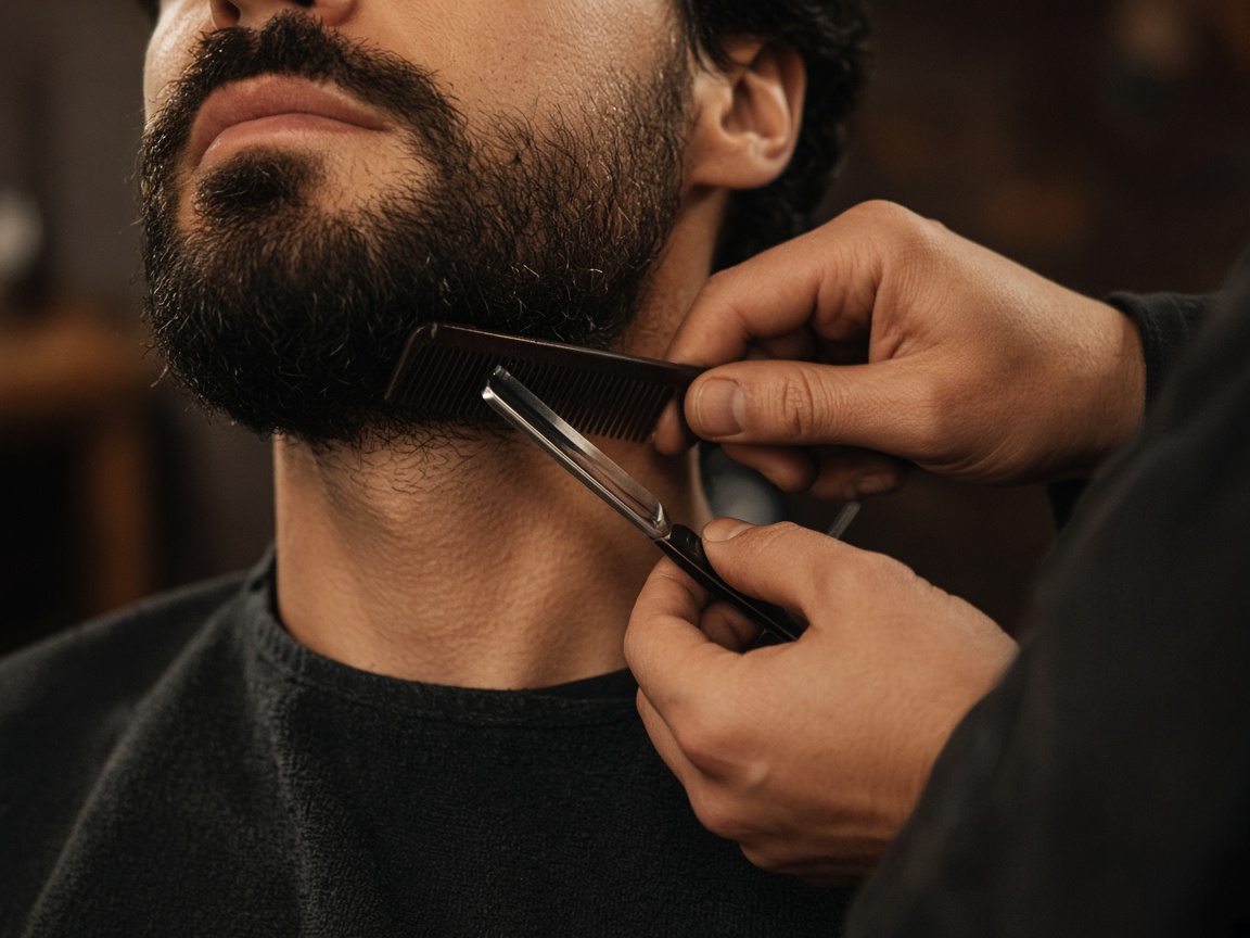 Beard being shaped with razor and comb